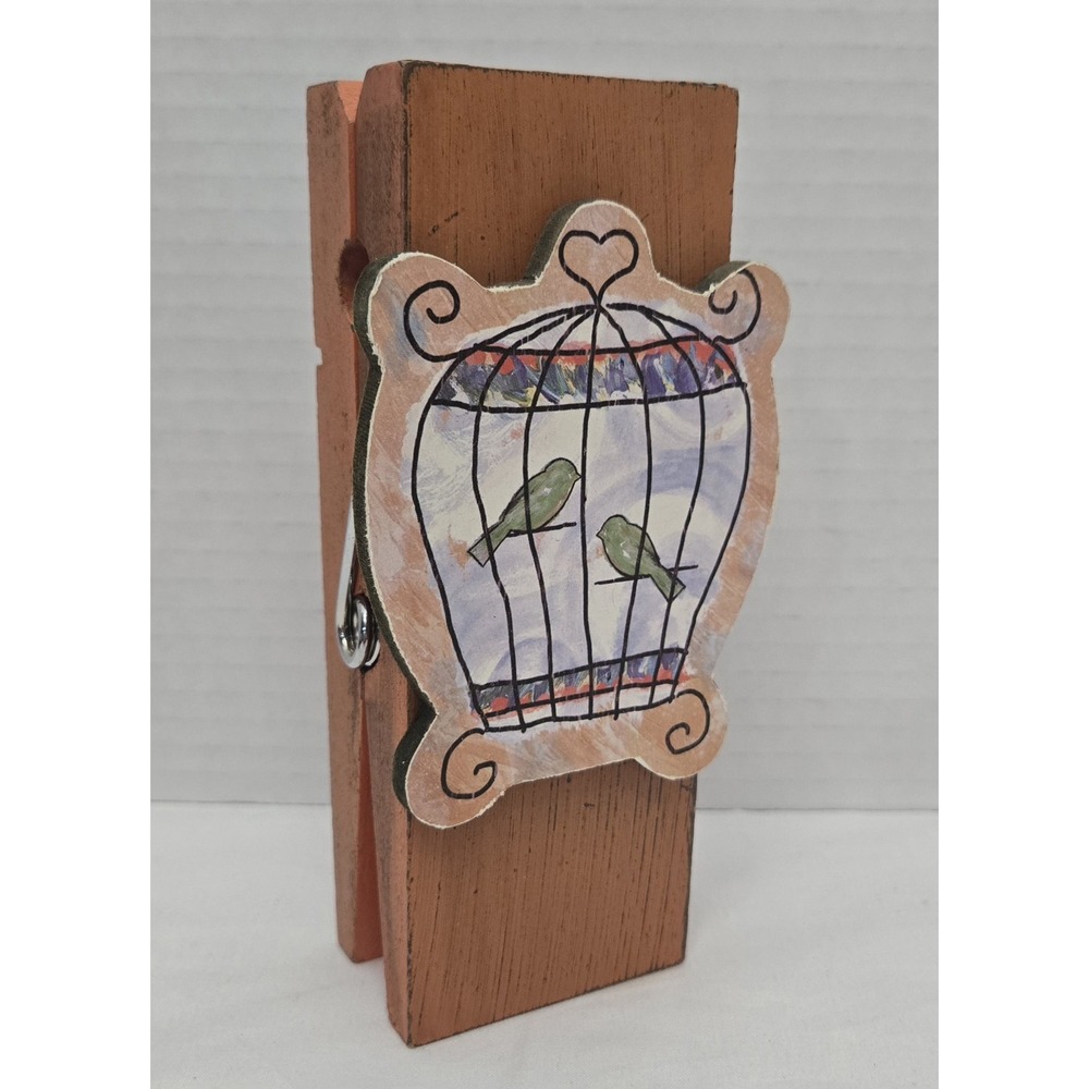 Giant Wooden Clothespin Memo Holder - Hand Painted Folk Art Birdcage Photo Clip